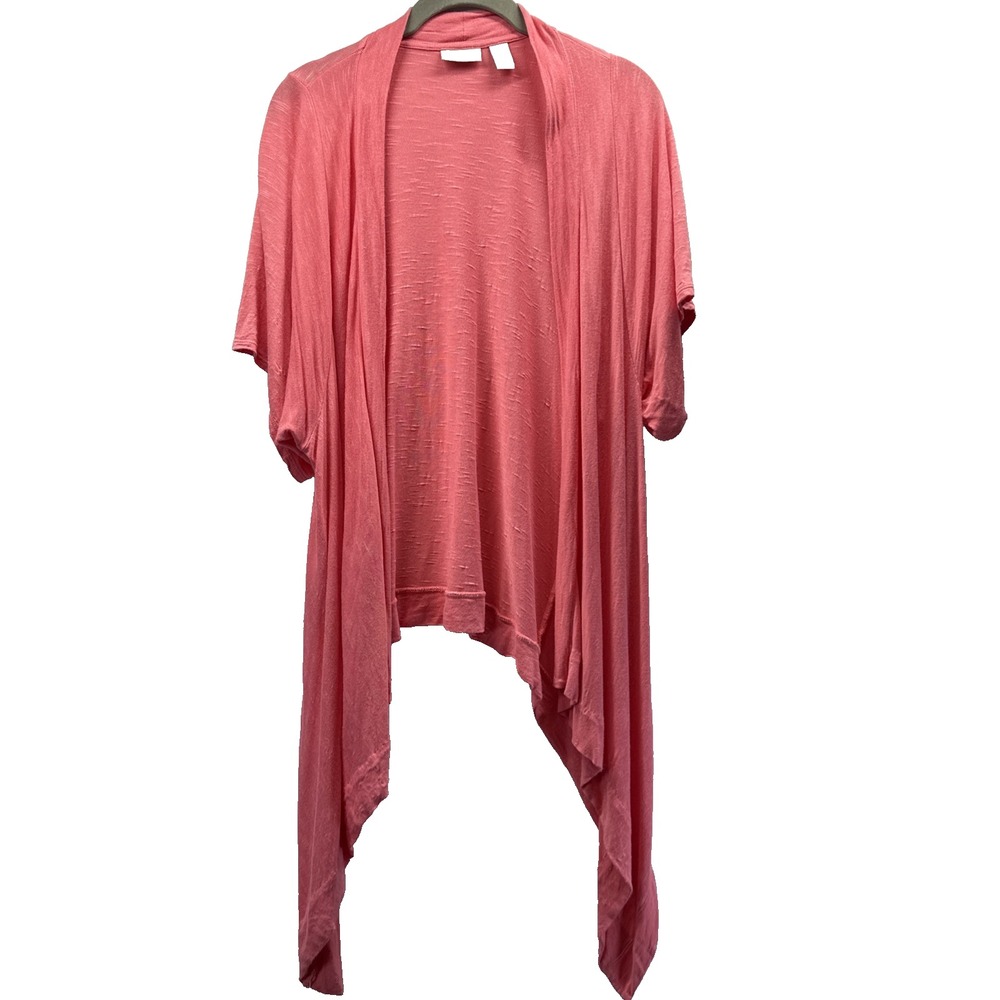 Chicos Women's Cardigan Jacket Large Slub  Salmon Short Sleeve Asymmetrical Y2K